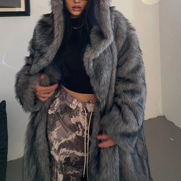 Dark Grey Fluffy Women's Plus Size Long Sleeve Hooded Furry Coat - Picture 6 of 8